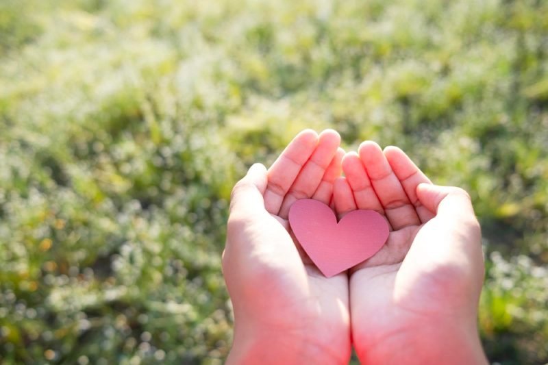 Close-up of hands holding heart shape over land