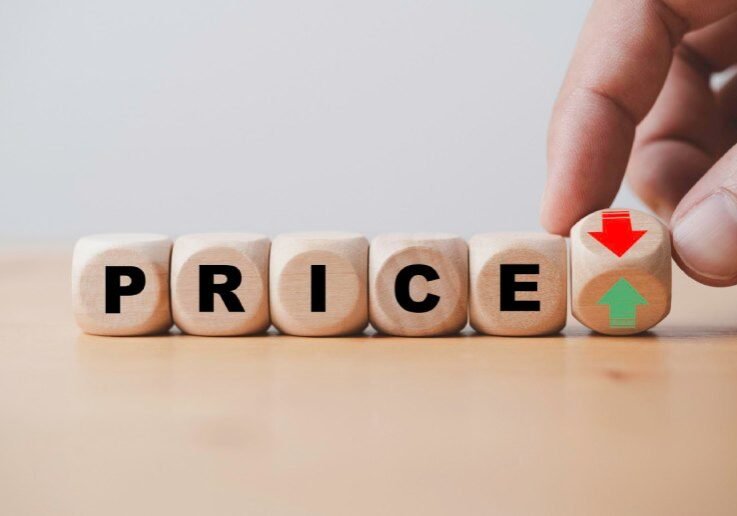Hand flipping between green up arrow and red down arrow with price wording for product increase and decrease price