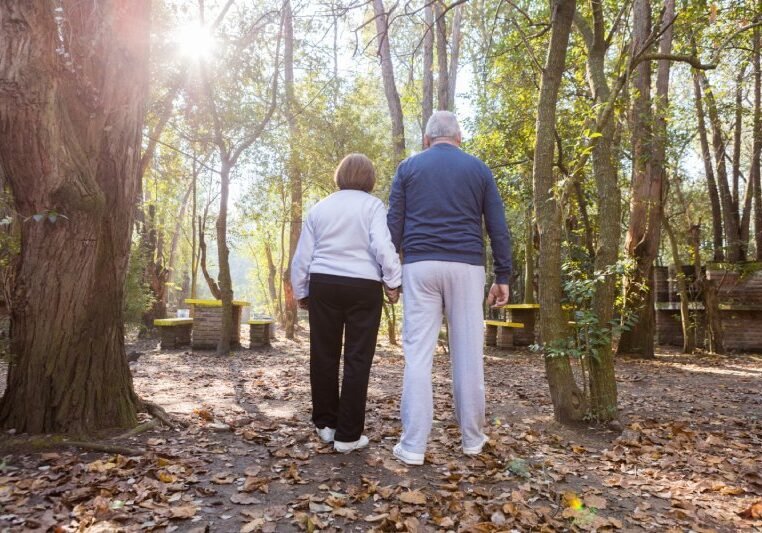 Rear view of retired couple walking at sunset